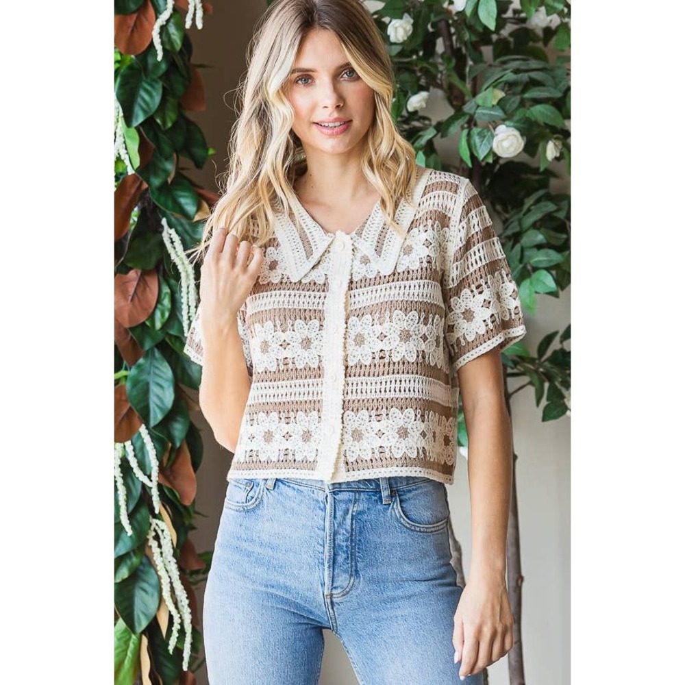 Miroh Granny Square Crochet Top White Brown Womens Large Boho Festival Beach